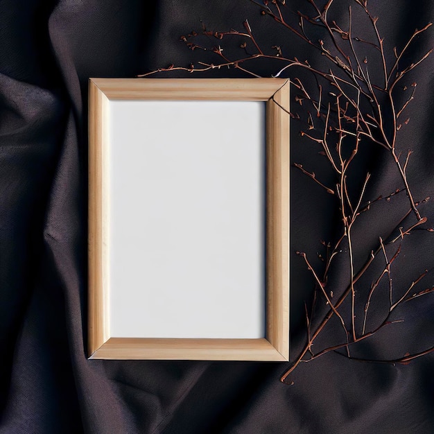 Mockup blank photo frame and branches on dark cotton fabric top and vertical view