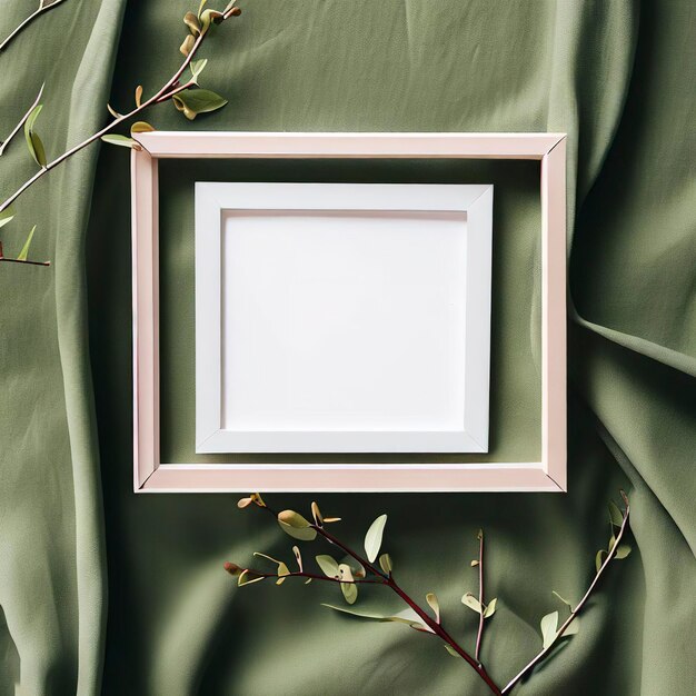 Mockup blank photo frame and branches on green cotton fabric top and vertical view