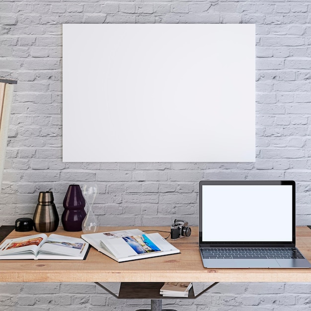 Mockup blank poster on a white brick wall with a laptop on the desktop 3D render