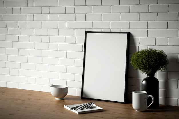 Mockup blank poster on a wooden table with a white brick wall in the background