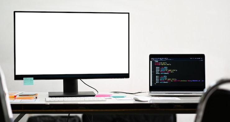 Photo mockup blank screen computer and laptop on a programmer desk
