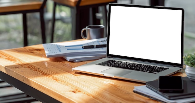 Mockup blank screen laptop computer on wooden table creative workspace