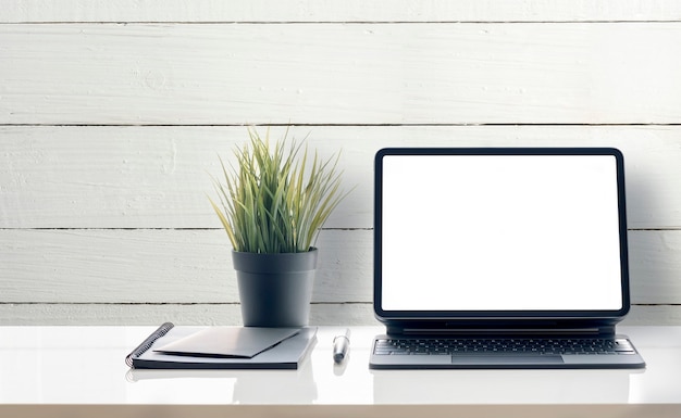 Mockup blank screen tablet on the table, isolated on white background.