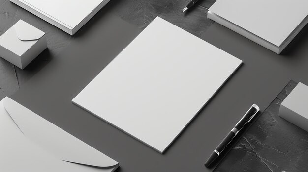 A mockup of a blank sheet of paper on a dark background There are pens and envelopes next to the paper