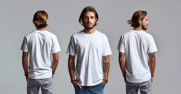 Mockup blank sjabloon wit T-shirt met korte mouwen op 0 jonge man op een geïsoleerde achtergrond Voor- en achterzijde