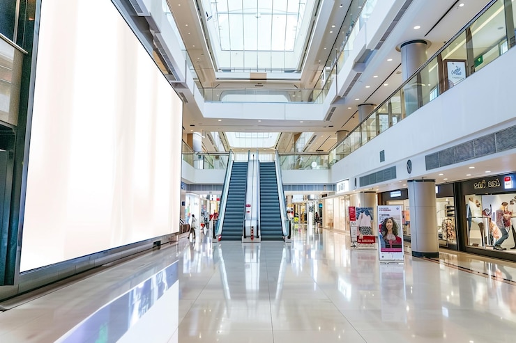 Photo 在購物中心的空白商店前面廣告牌的模擬版