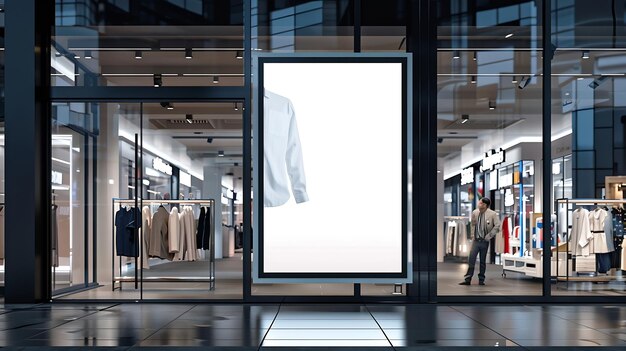 Photo mockup blank vertical advertising billboard at front of man clothing shop in shoppin generative ai