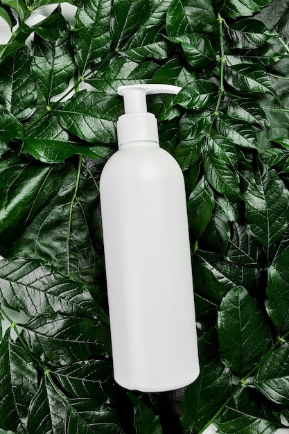 Mockup di bottiglia bianca vuota su foglie tropicali verdi, concetto di spa, plastica di imballaggio cosmetico biologico naturale, vista dall'alto del tubo crema, pubblicità di composizione piatta o modello di banner