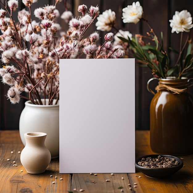 Mockup of Blank White Invitation on Natural Wood Desk