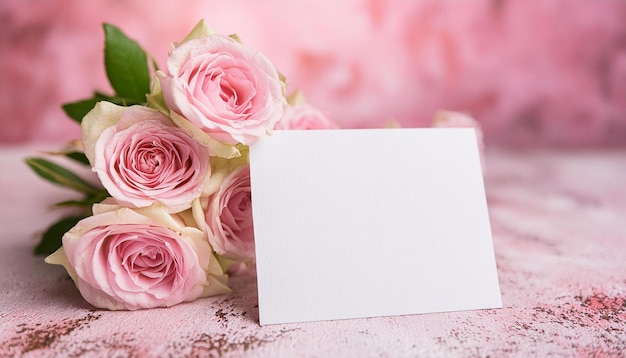 Foto mockup di carta bianca vuota e bouquet di rose in stile minimalista composizione floreale