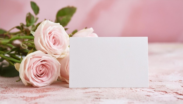 Foto mockup di carta bianca vuota e bouquet di rose in stile minimalista composizione floreale