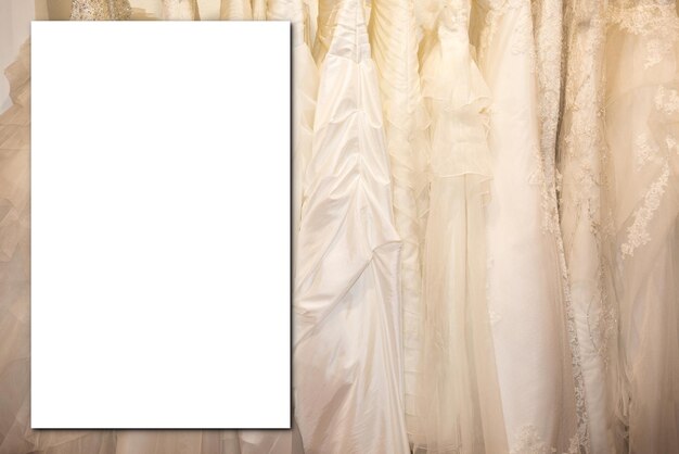 Photo mockup blank white paper card with many shop weeding white dress bride marriage