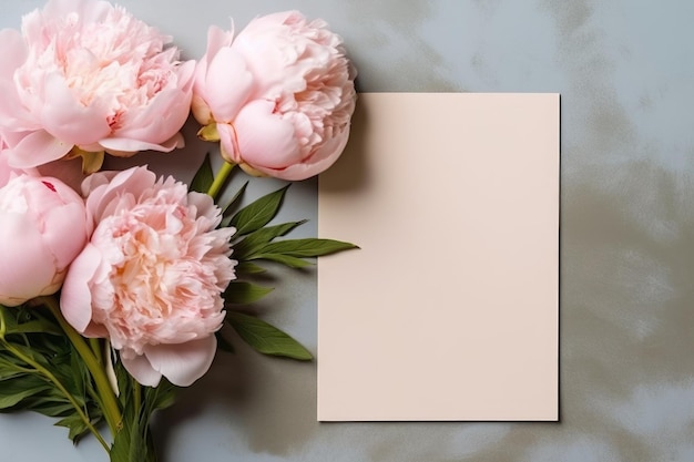 Mockup blank white paper with Peony flower with greeting card Copy space Generative AI image weber