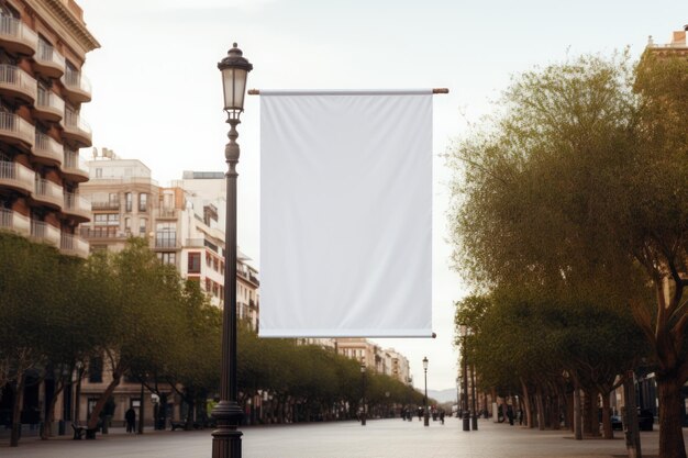 A mockup of a blank white polyester banner hanging from the top of a lamppos Generative AI