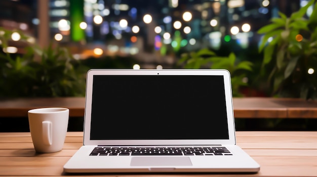 Mockup blank white screen destop pc and portable tablet on wooden table in modern office room