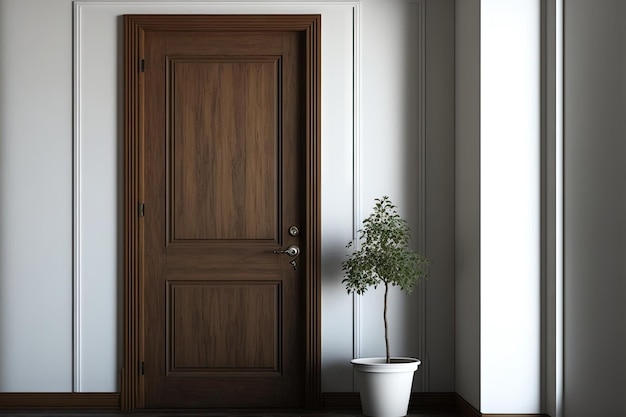 Photo mockup of a blank wooden door room with white walls