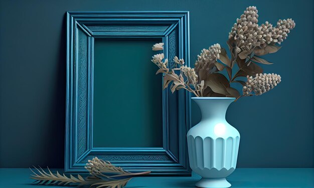 Photo mockup of a blue background a vase and an empty wooden frame generative ai