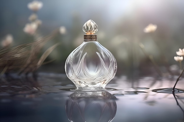 Mockup of a bottle of perfume in water on a natural background Generative AI