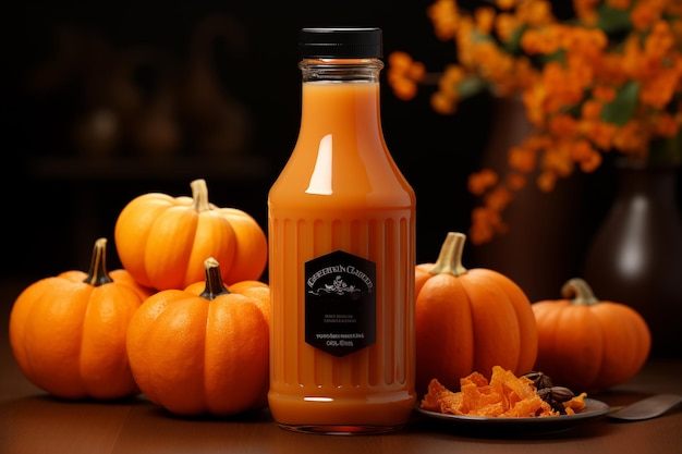 A mockup of bottle of pumpkin juice or smoothie healthy food concept