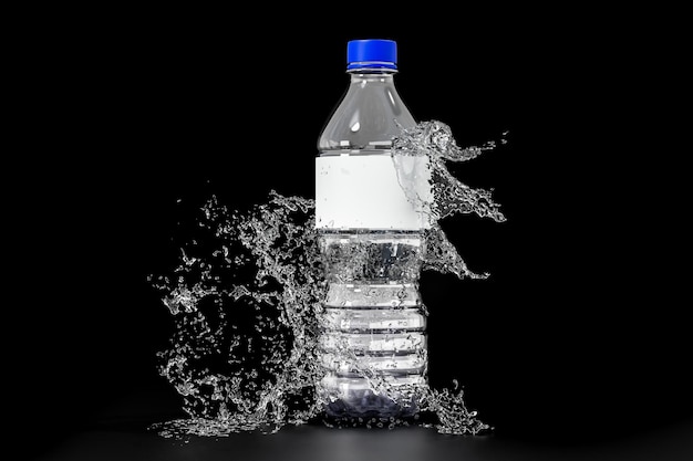 Mockup of bottle with splash water isolated on black background Water bottle advertising with splashes water surfaces and empty water container 3d rendering