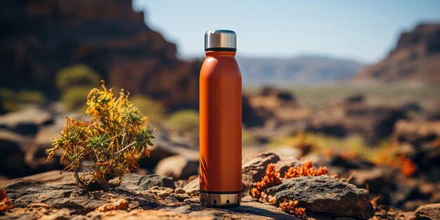 Mockup of a branded water bottle in an outdoor adventure scene