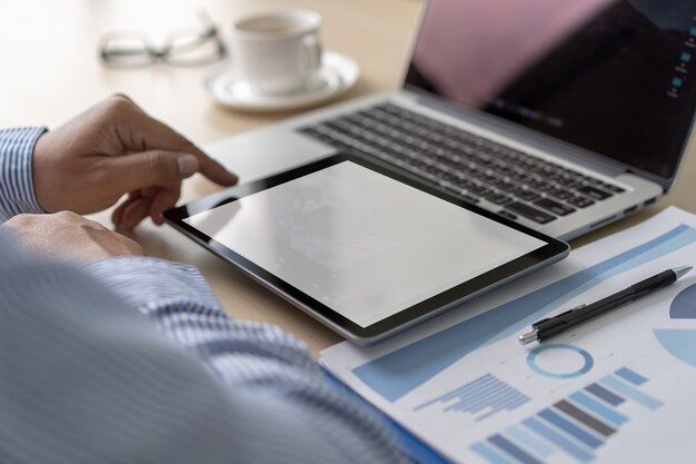 Mockup of business man using  laptop screen for your advertising text message