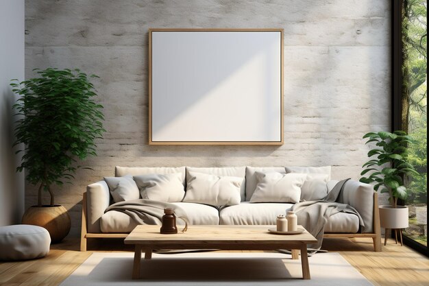 Mockup Canvas frame on the wall Scandinavian living room with a painting picture on the Background