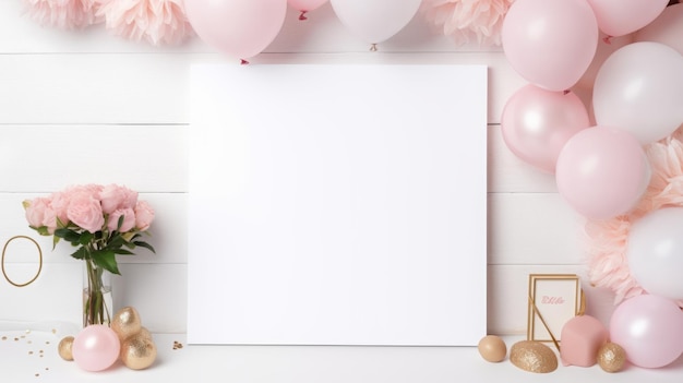 Photo mockup card birthday wedding background white table paper top greeting view stationery card blank