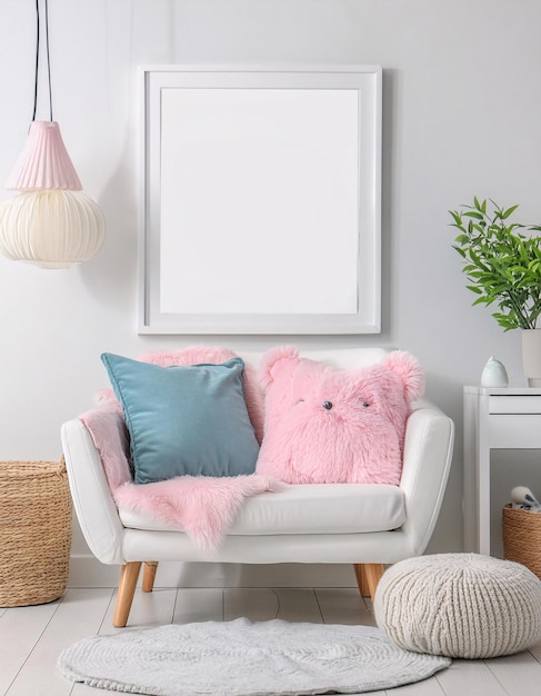 Mockup of a childrens interior poster with a white frame indoors doll chairs and toys in pastel co