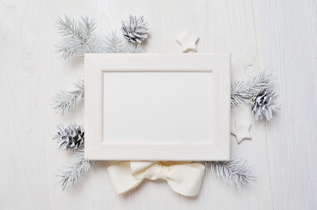 Photo mockup christmas greeting card top view and white frame