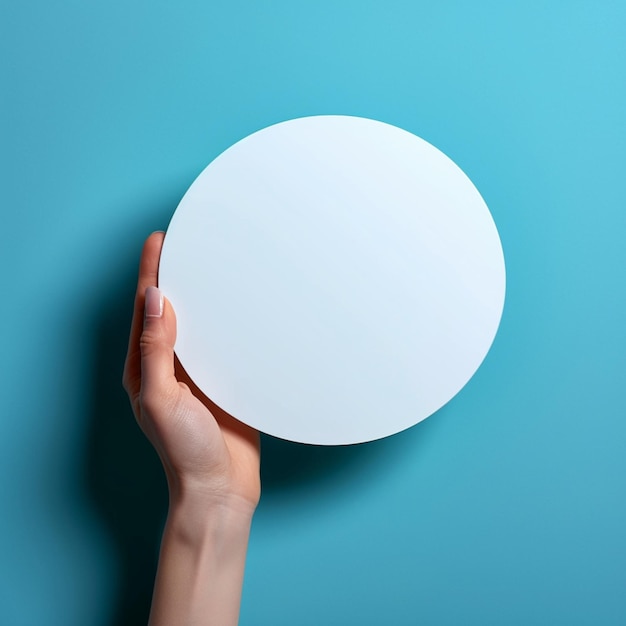 Mockup circle in hand on blue background empty white space For Social Media Post Size