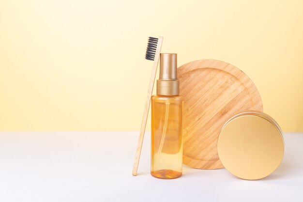 Mockup clear plastic bottle with organic oils cosmetics and jar of natural cream. Beauty blogging minimalism concept