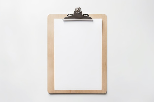 Mockup of clipboard with blank paper isolated