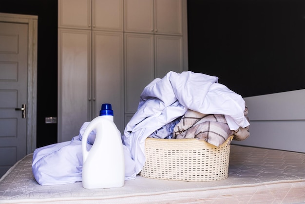 Mockup closeup of a bottle of liquid detergent for bedding freshness