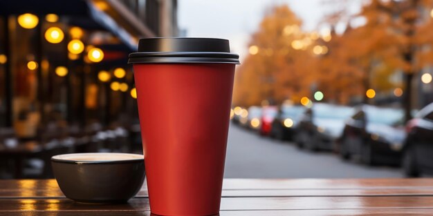 賑やかな都市環境にあるコーヒーカップのモックアップ