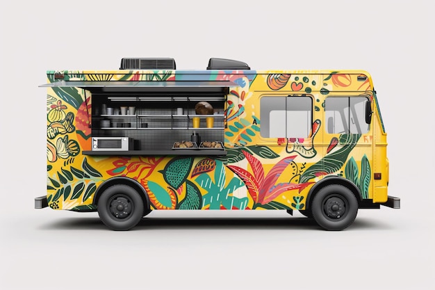 Foto mockup di un furgone alimentare colorato su sfondo bianco