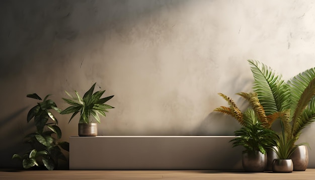 관상용 식물과 장식이 있는 모형 콘크리트 벽
