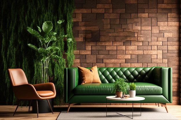 レンガの壁、空白の壁、革製の茶色のソファ、緑の肘掛け椅子、テーブル、木製の壁と床の植物、カーペットと隠された照明のある現代的なリビング ルームのモックアップ