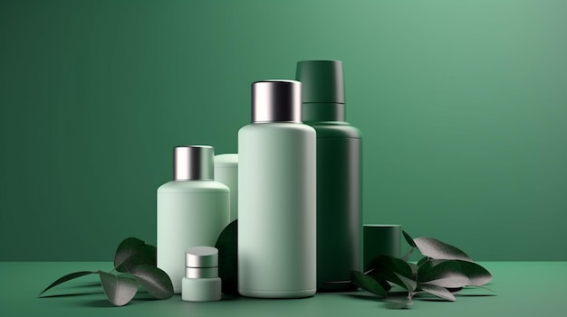 Mockup of cosmetic bottle with green leaves Generative AI