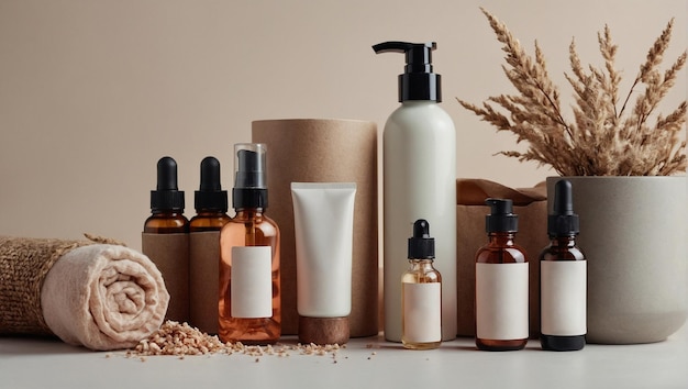 Photo mockup of cosmetic bottles with blank label and dried flowers natural organic cosmetics