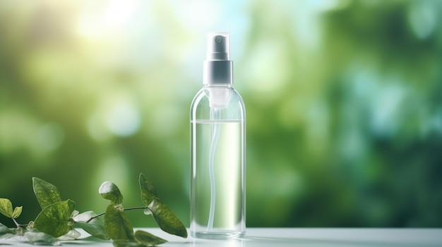 Мокет косметической упаковки Бутылка спрея с косметикой на зеленом фоне природы Минималистский и аутентичный стиль