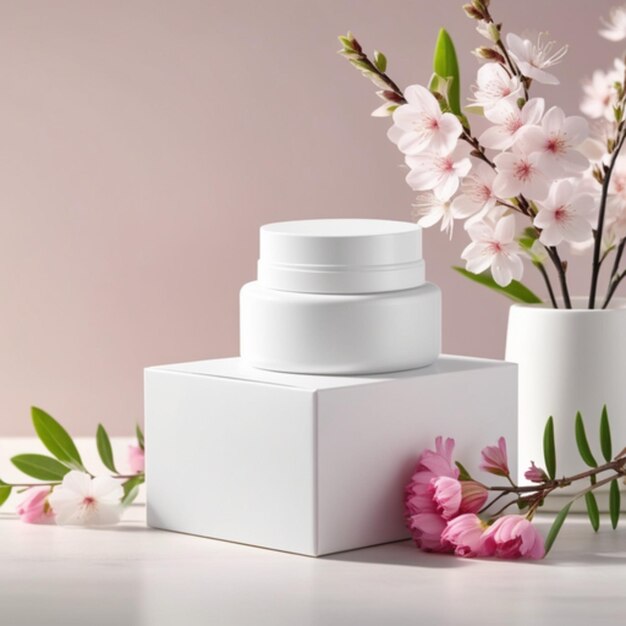 Foto mockup di prodotto cosmetico e scatola sul tavolo con fiori freschi in vaso