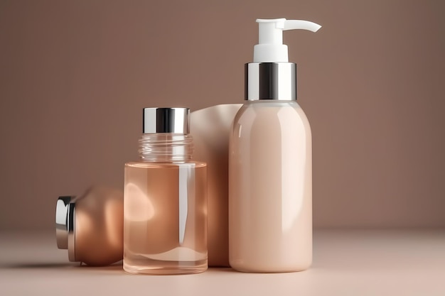 Mockup of cosmetics bottles in beige tone Neural network AI generated