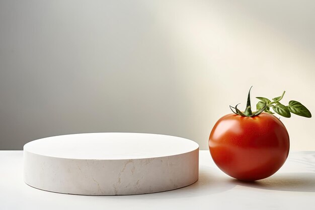 Foto mockup per cosmetici pietra bianca vuota sul podio su sfondo bianco tomato accanto ad essa ai generativa