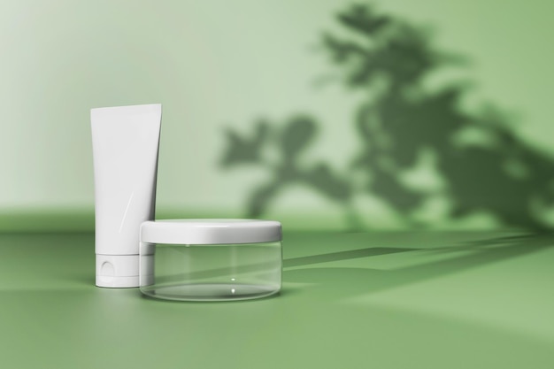 Mockup of cream tube and jar on green background 3d render