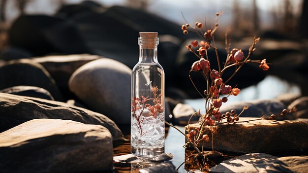 Photo mockup crystal bottle nature background mockup minimalist design water fragance perfume