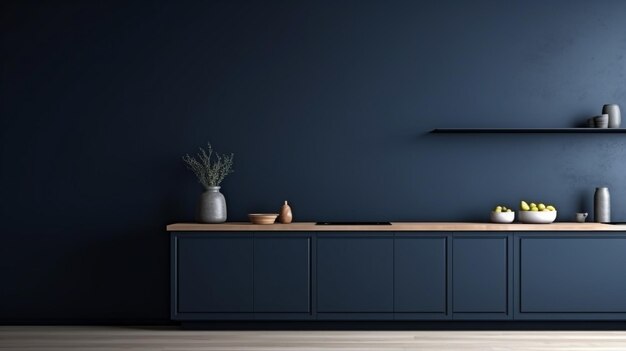 Photo mockup dark blue wall in kitchen and minimalist interior design