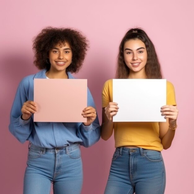 Photo mockup design mockup template two 20 year old beautiful female college students holding two pieces