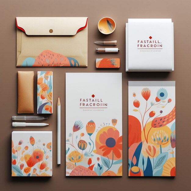 Photo mockup design of a new brand products laptop coffee cup cards