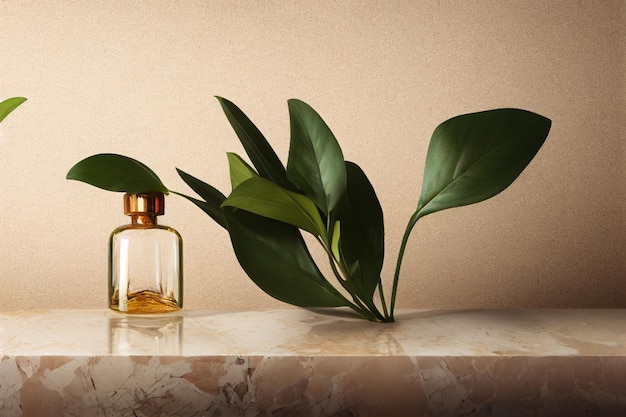 Mockup design of perfume bottle with plant branch on Empty blank and copy space wallpaper Bottle of essential oil with herbs Elegant and minimalistic podium scene for product presentation